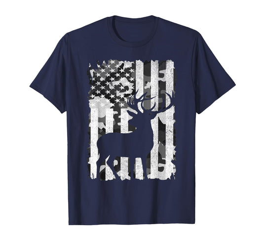 Hunting Camo American Flag Buck Deer Grey Camouflage Hunter T-Shirt