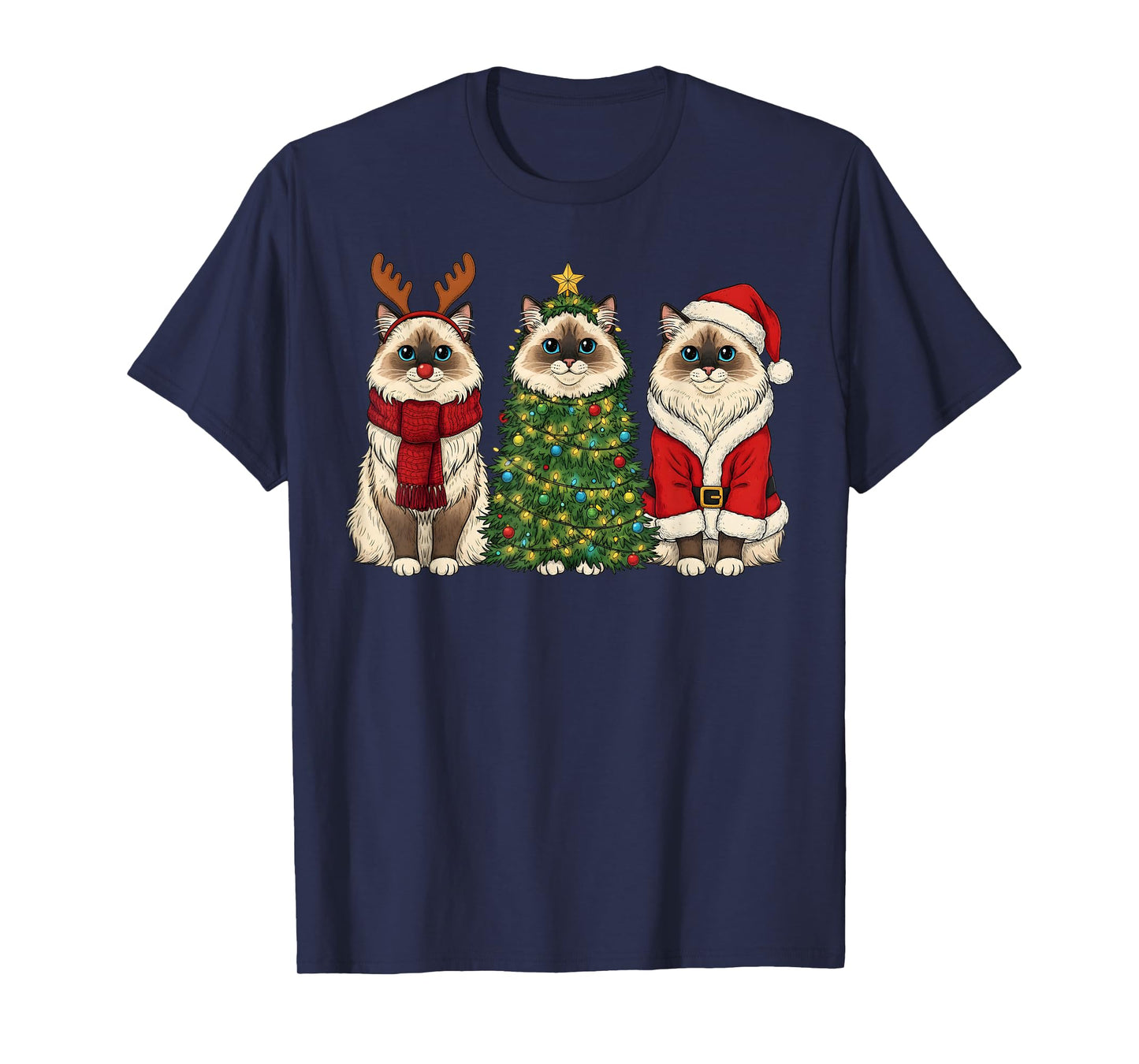 Retro Christmas Ragdoll Cat Santa Reindeer T-Shirt