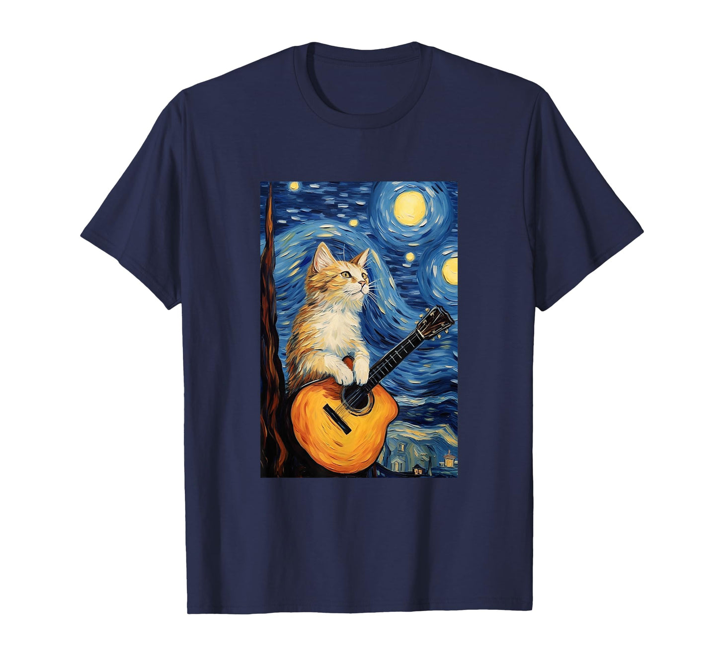 Cat Playing Guitar - Van Gogh Style - Starry Night T-Shirt