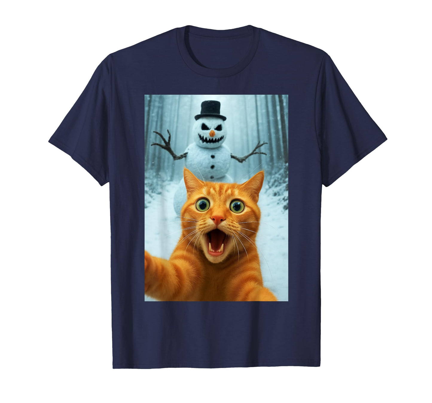 Cat Selfie Scary Snowman Christmas Funny Kitty Humor T-Shirt