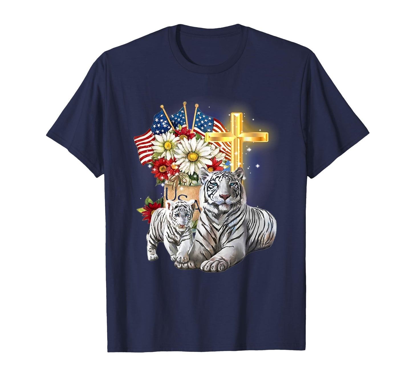 Tiger Flower Daisy Cross Christian American Flag Women Men T-Shirt