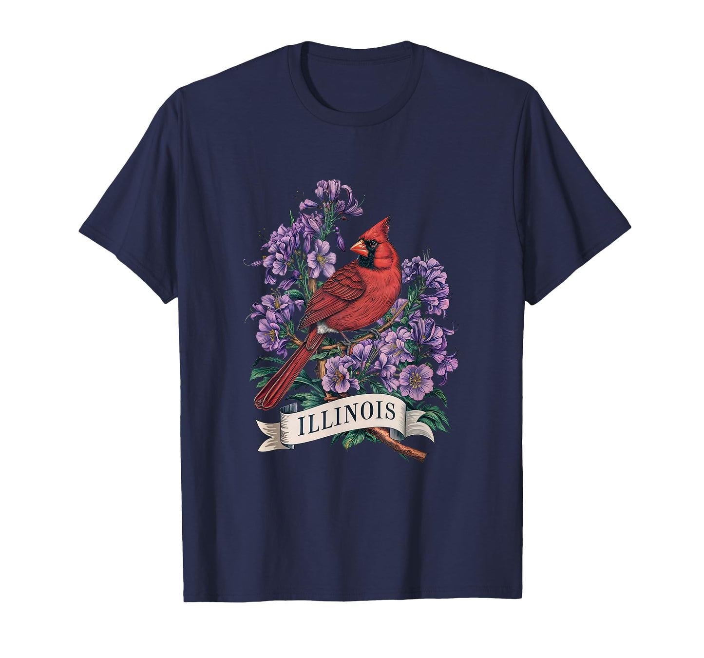 Illinois Northern Cardinal Bird and Violet Flower T-Shirt