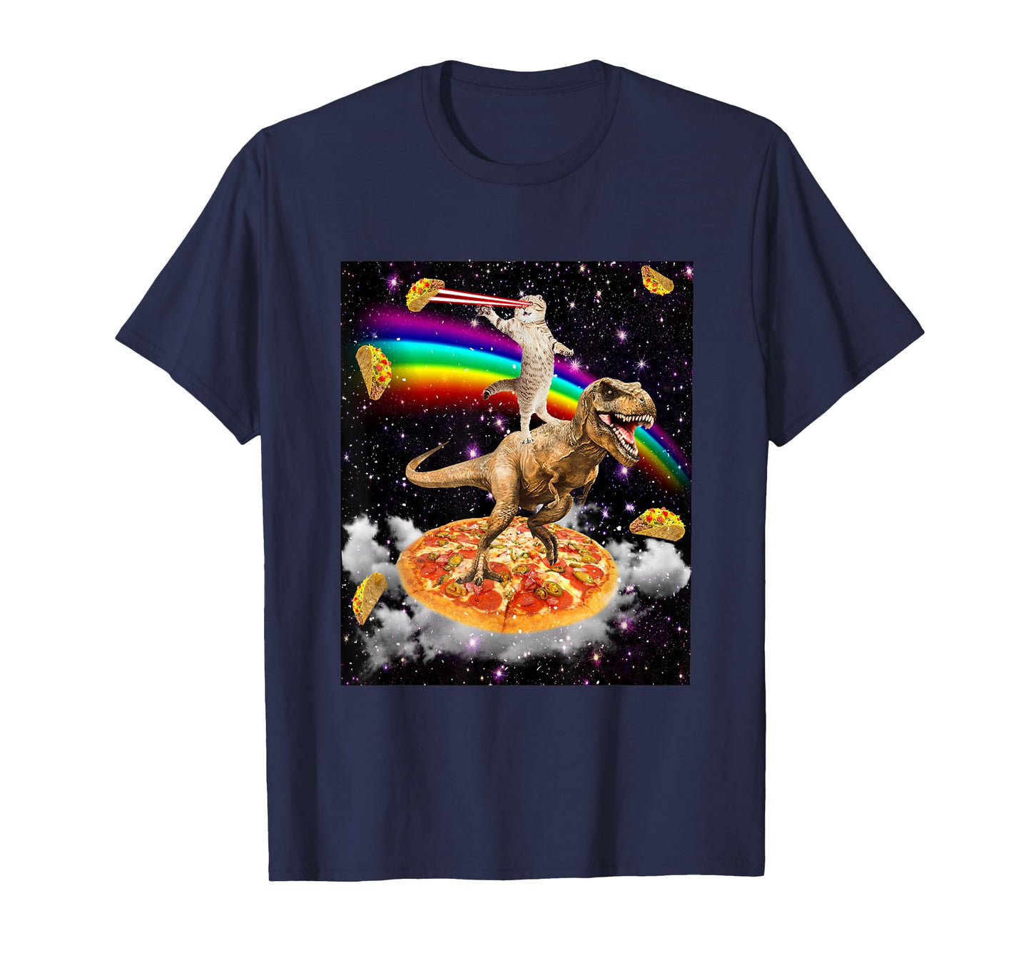 Galaxy Laser Cat on Dinosaur on Pizza with Tacos & Rainbow T-Shirt