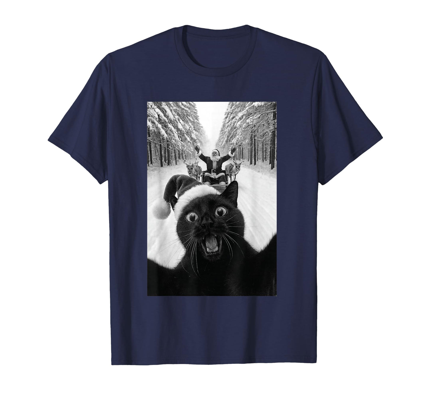 Funny Black Cat Selfie with Santa Christmas T-Shirt