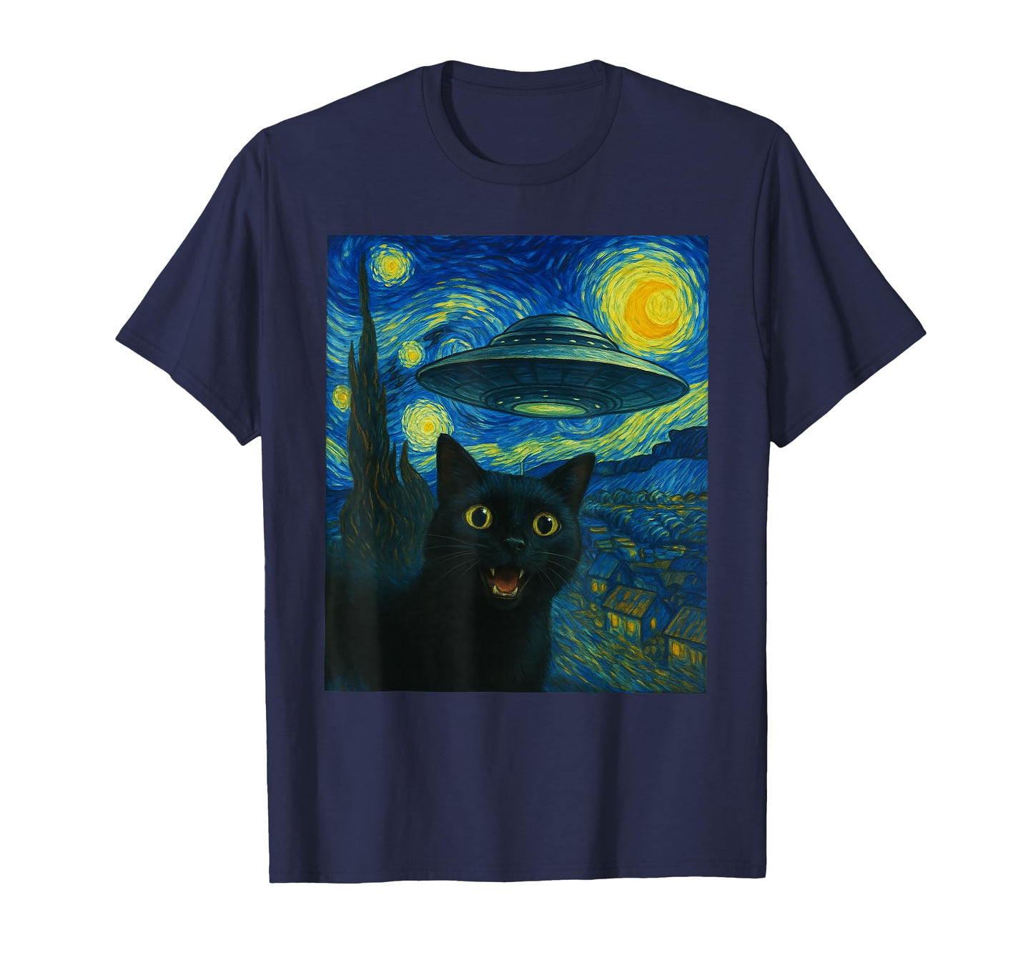 Cat Selfie with Alien UFO Night Van Gogh Gifts Men Women Kid T-Shirt