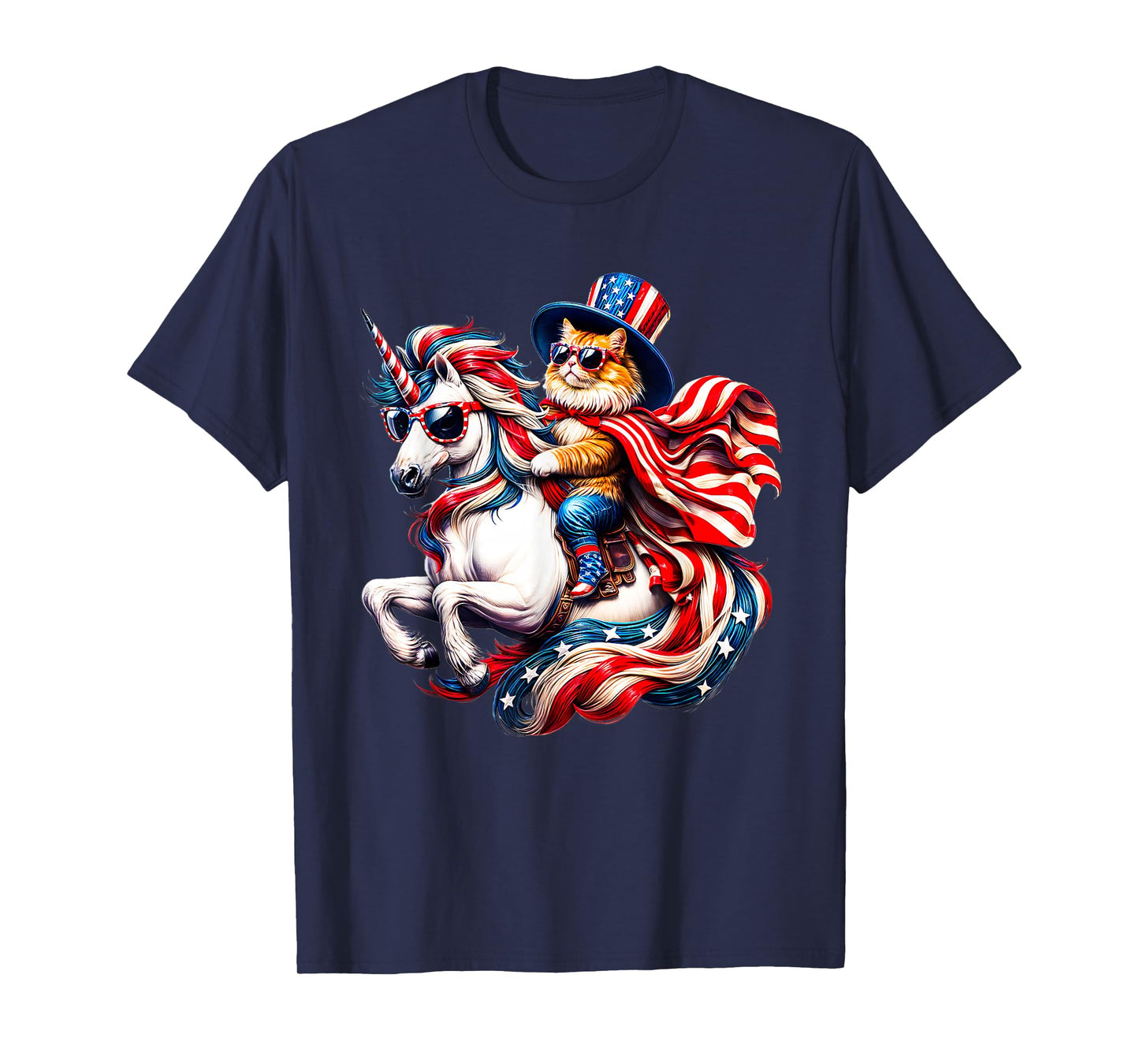 Cat Riding Unicorn USA Flag Patriotic 4th of July T-Shirt