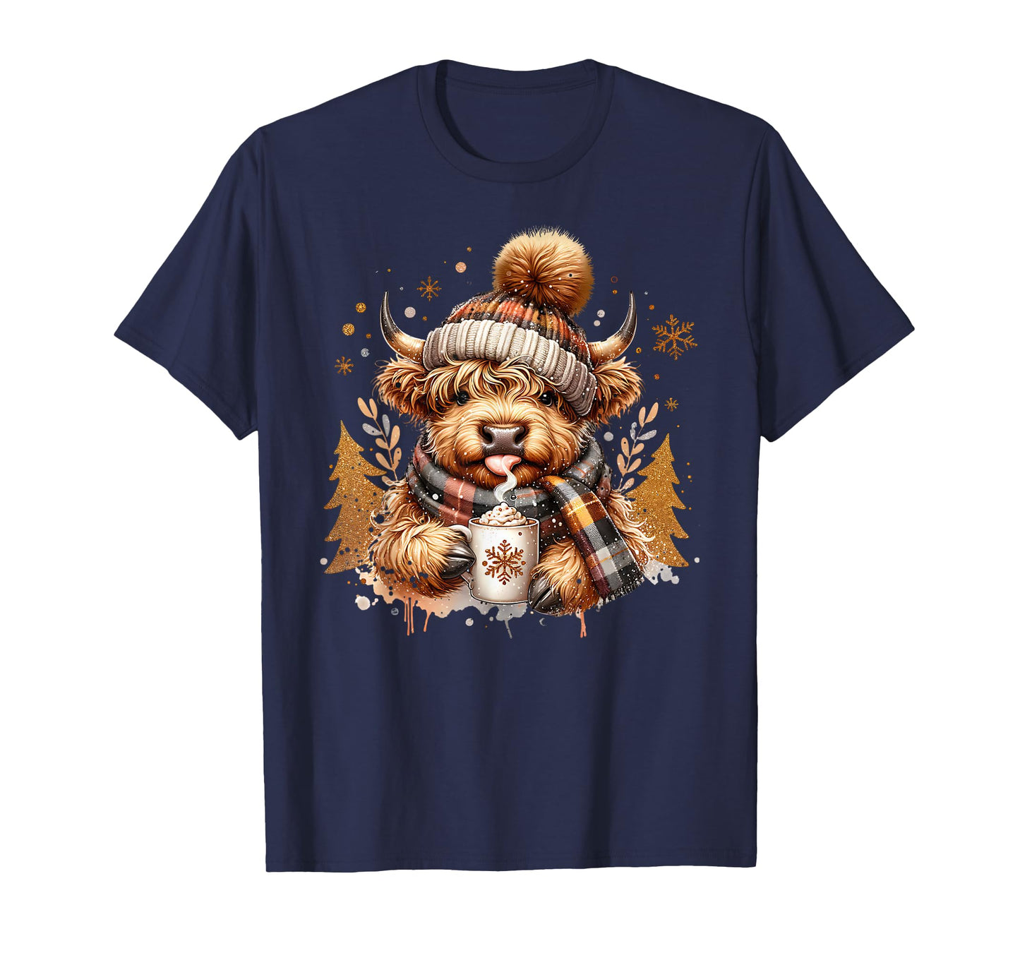 Cute Highland Cow Drinking Coffee Latte Winter Christmas T-Shirt