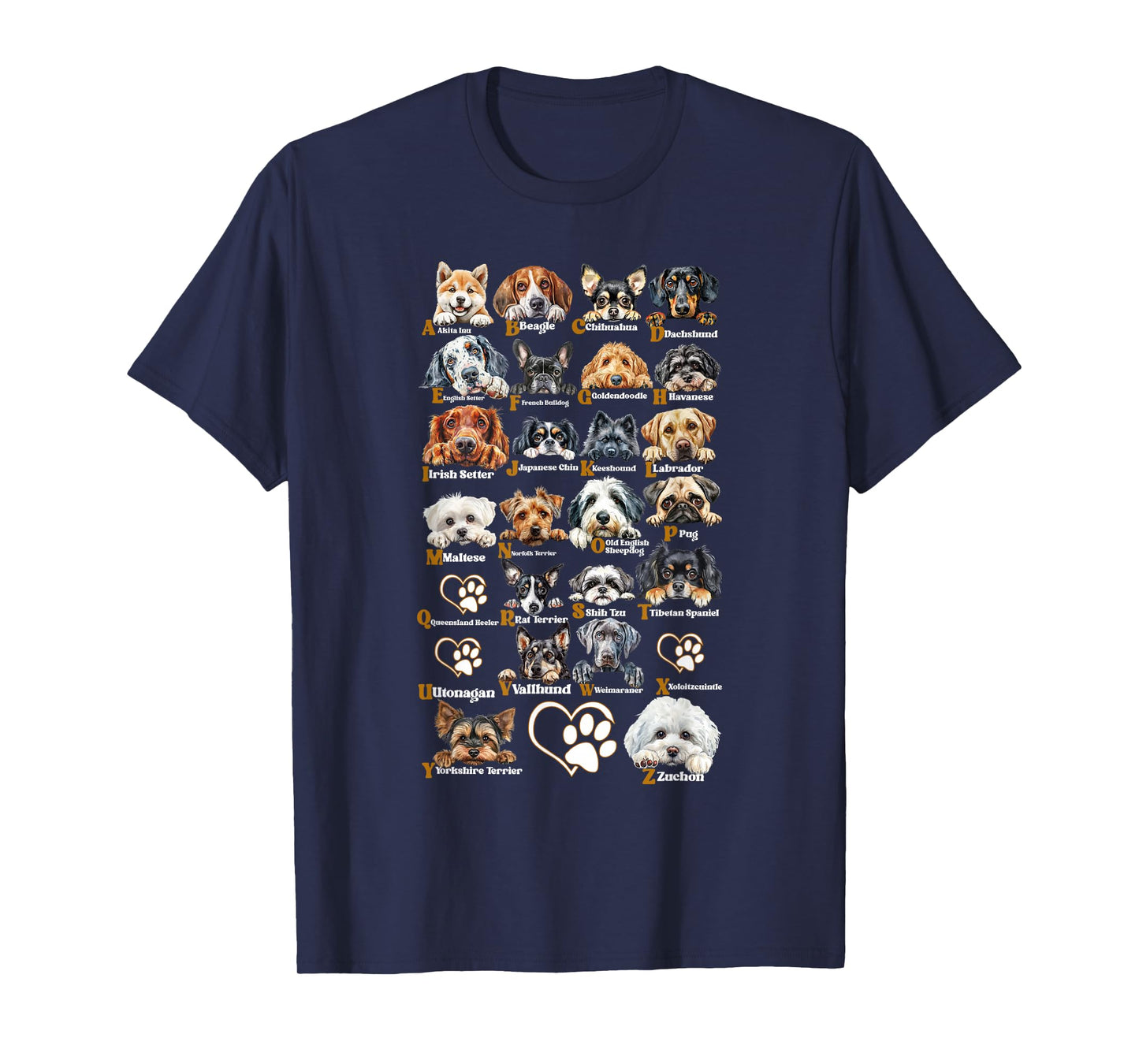 ABC Dog Breeds Identification A-Z Types of Dogs Canine T-Shirt