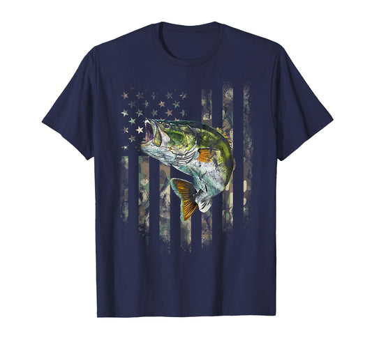 Camo American Flag Bass Fishing Fishermen Patriotic USA Flag T-Shirt