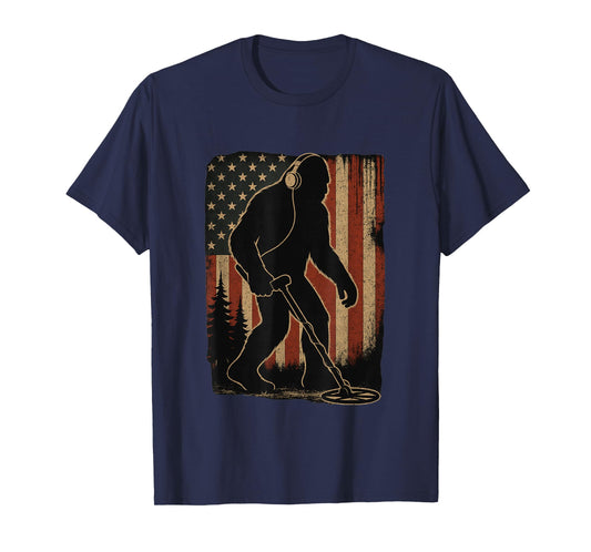 Bigfoot Dirt Fishing Metal Detecting American Flag Patriotic T-Shirt