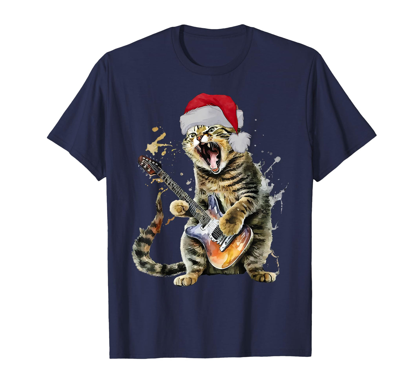 Christmas Cat Playing Guitar Musician Band Cat Lover T-Shirt