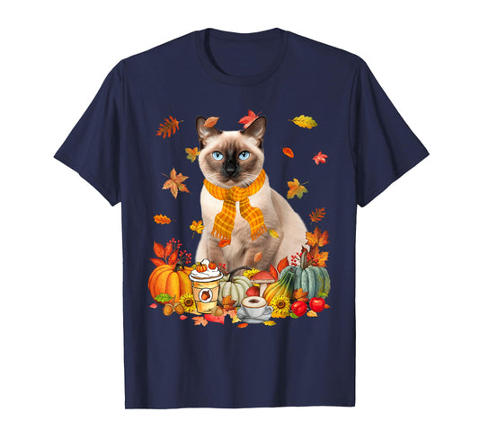 Cup Of Coffe & Siamese Cat Pumpkins Fall Vibes Thanksgiving T-Shirt