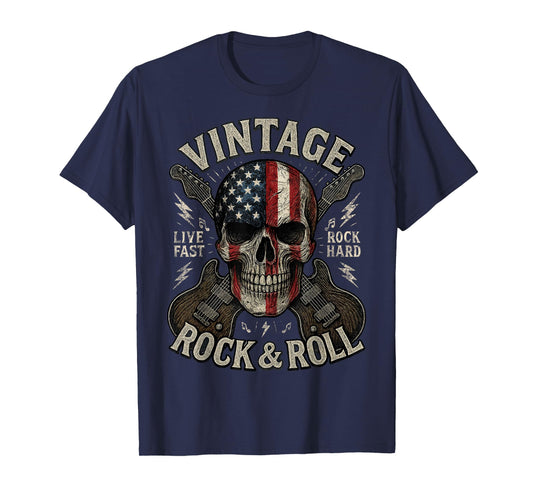 Vintage Rock Skull American Flag Guitar Retro Rock and Roll T-Shirt