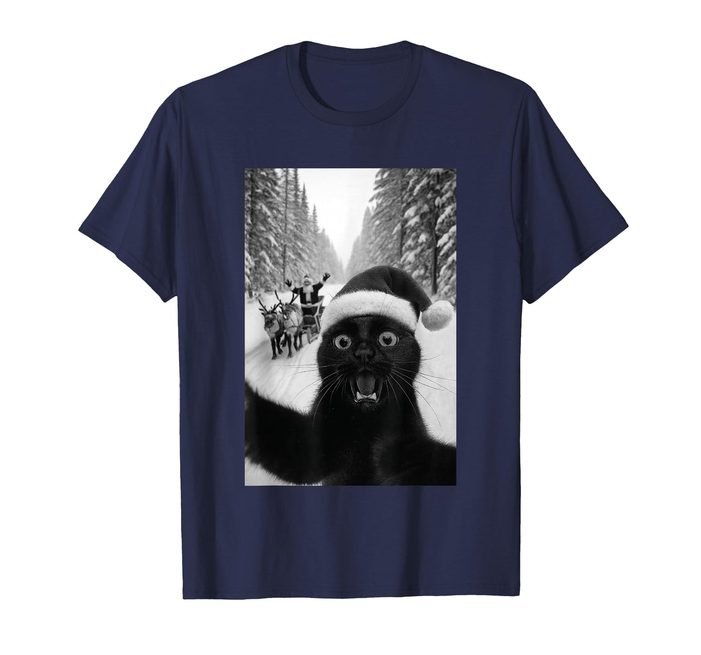 Funny Black Cat Selfie with Santa Christmas T-Shirt