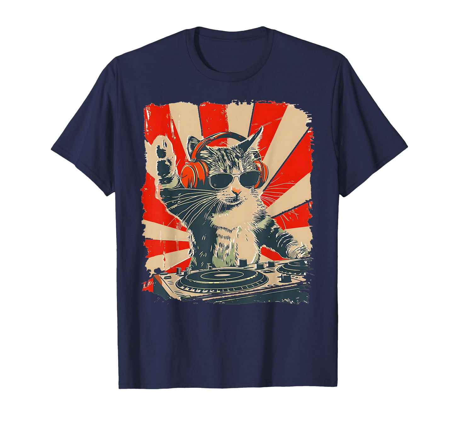 Funny DJ Cat with Headphones Retro Music Lover Art T-Shirt