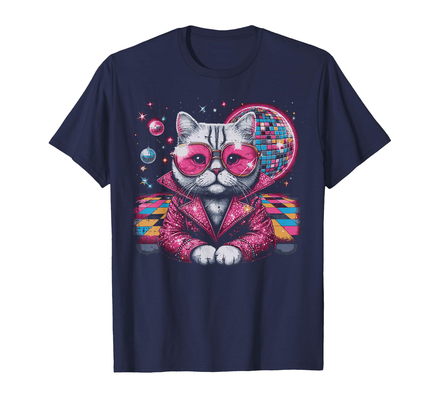 Cat Suit Disco Ball Vintage Kitten Kitty 70s Men Women Kids T-Shirt