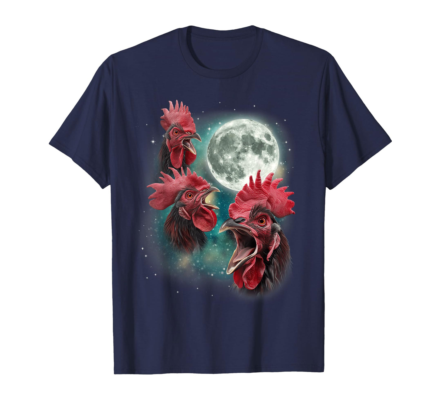 Three Rooster Moon | 3 Chickens Cluck at Moon Cursed Farm T-Shirt