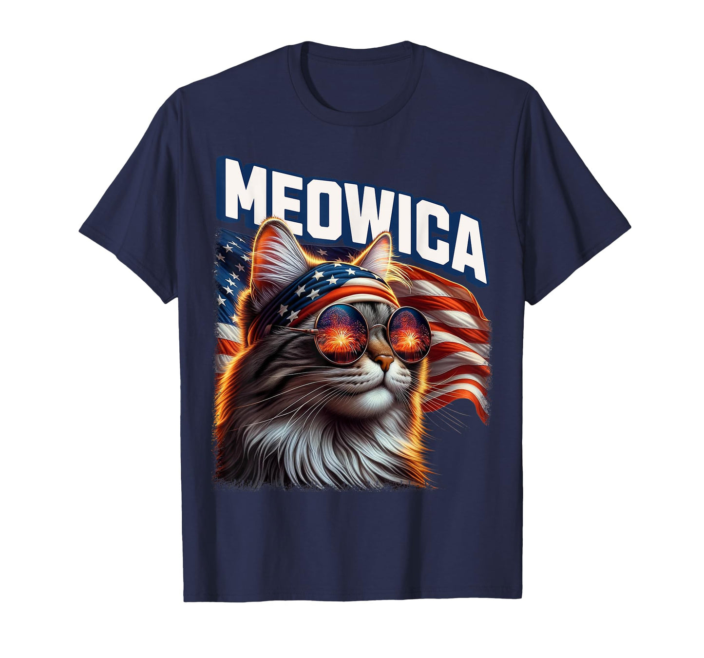 Meowica 4th of July Patriotic Cat American Flag 4th of July T-Shirt for Women Kids Men