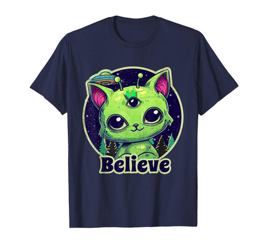 Cute Alien Cat Belive in UFO Kawaii T-Shirt