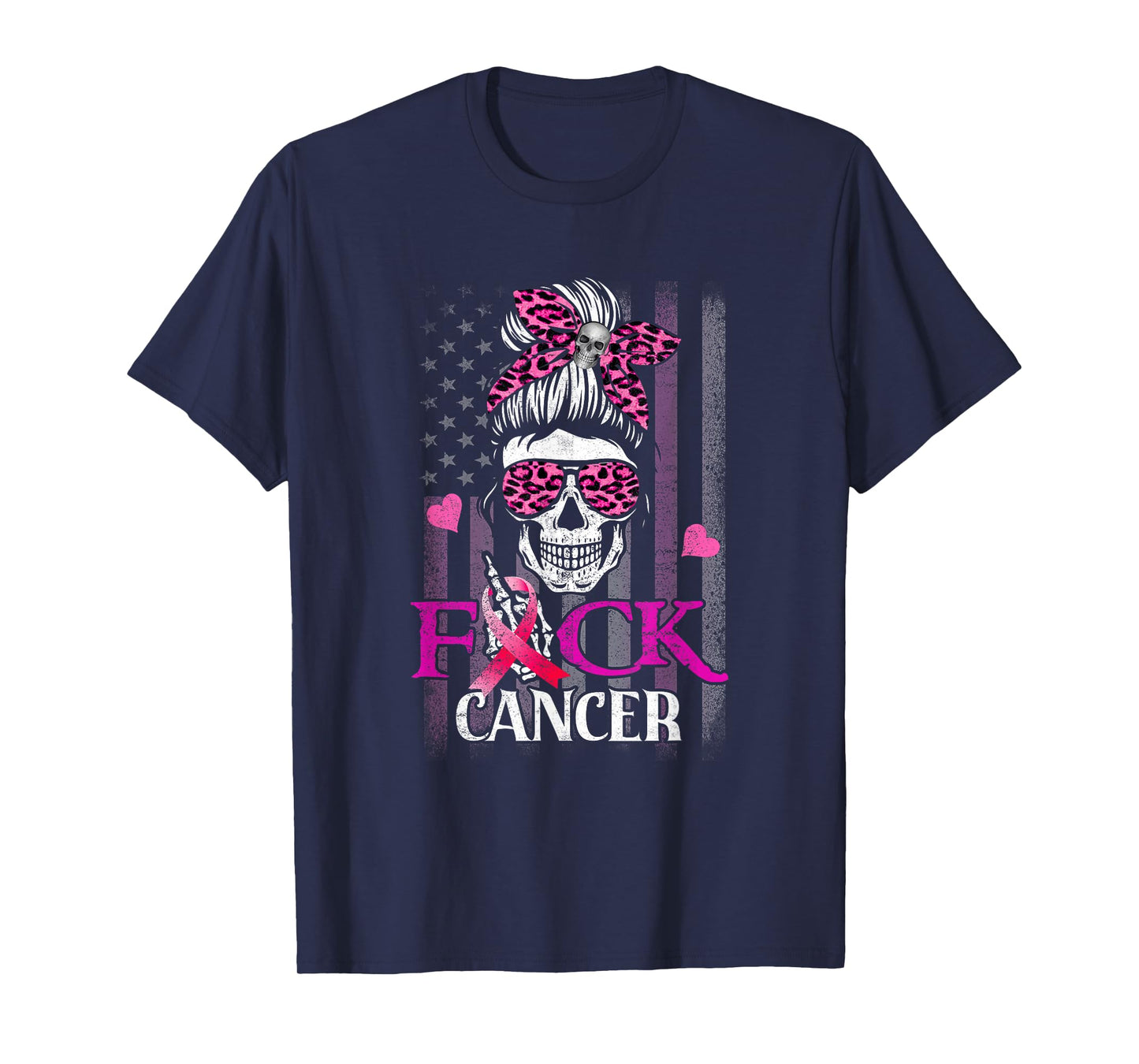 Messy Bun Skull Breast Cancer Awareness Fuck-Cancer USA Flag T-Shirt