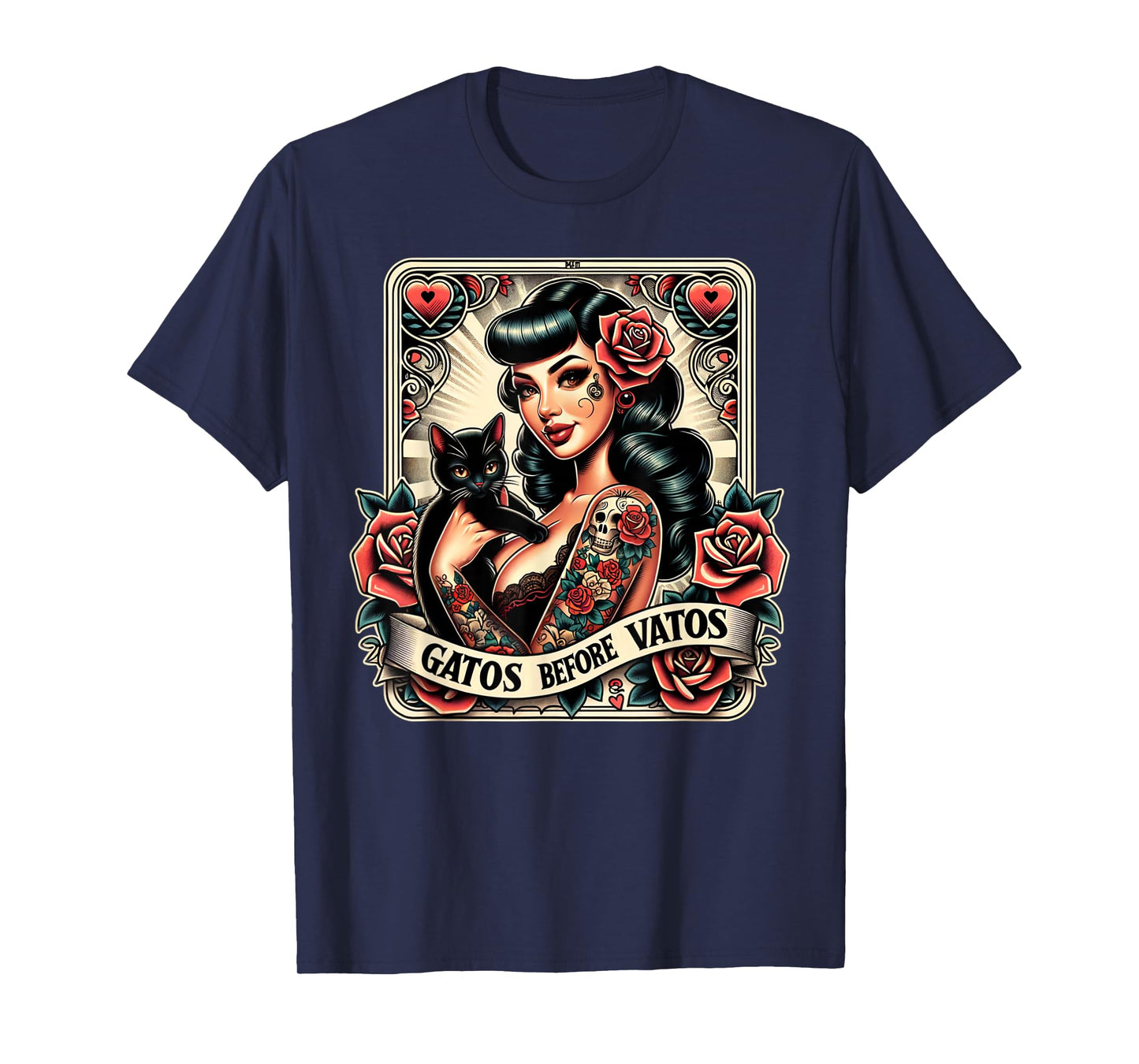 Gatos Before Vatos Black Cat Mexican Chingona Pin-Up Queen T-Shirt