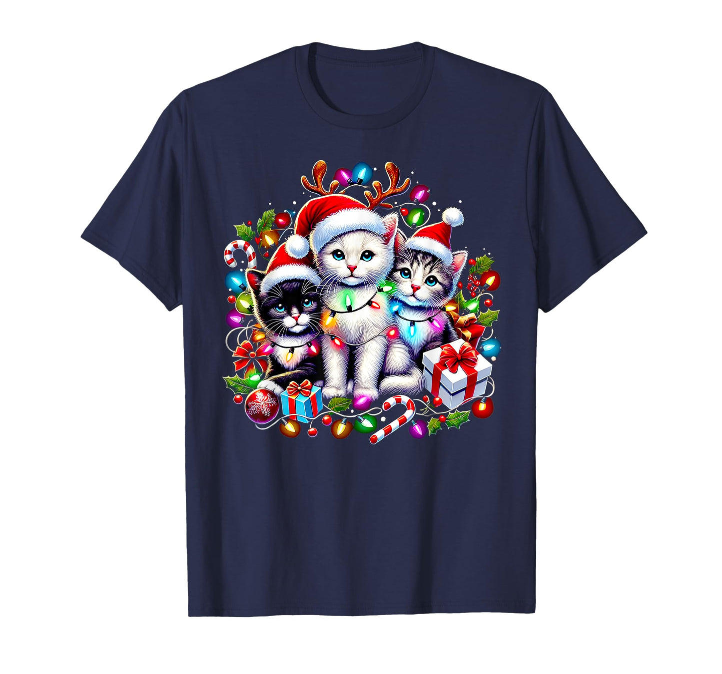 Cute Kittens Christmas Cheer Santa Hats Lights Cats Kittys T-Shirt