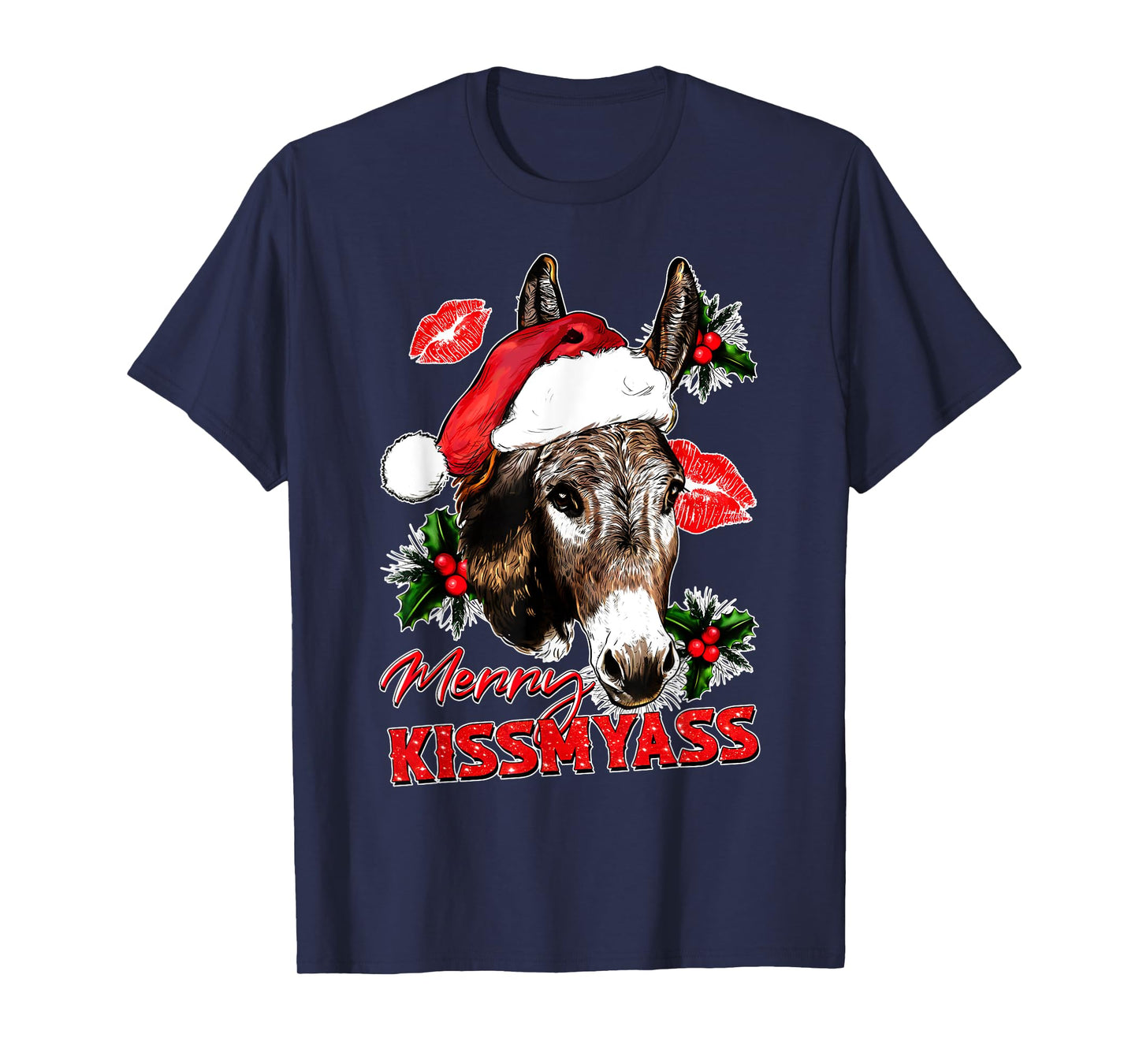Merry Kissmyass Funny Donkey Lovers Sarcastic Christmas T-Shirt
