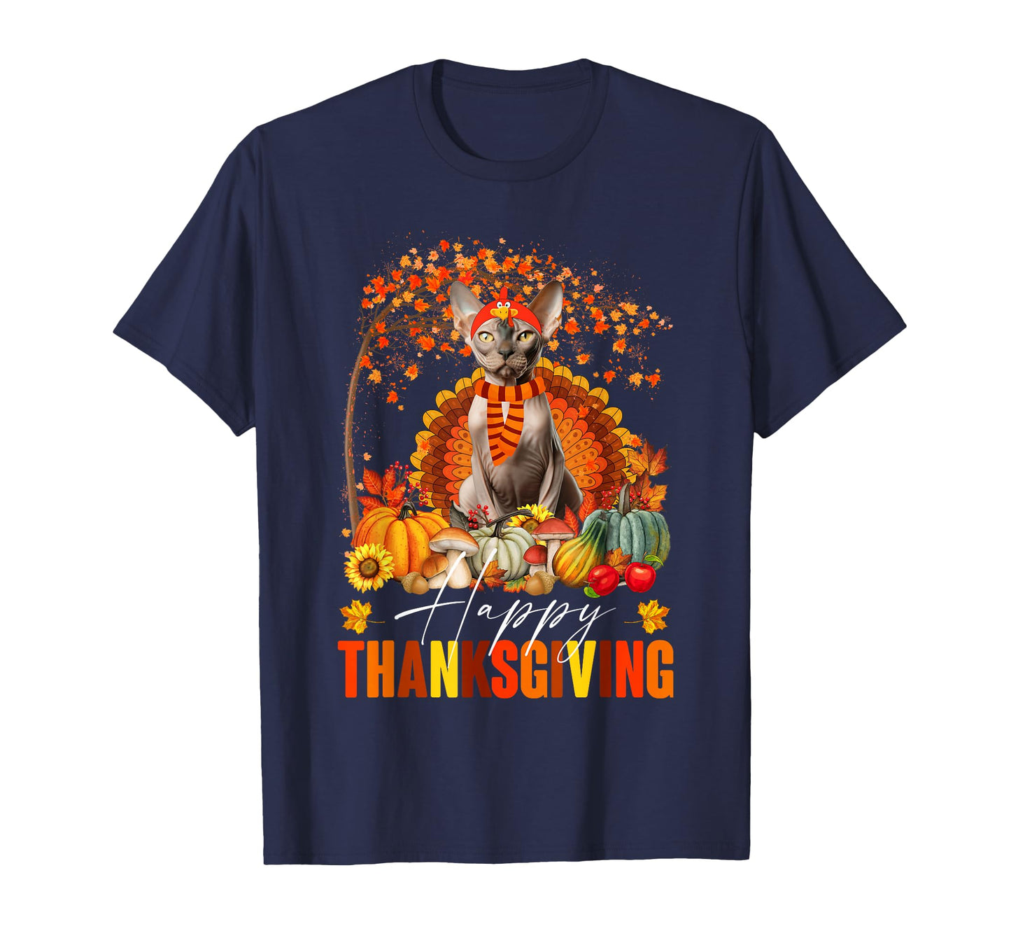 Funny Sphynx Cat In Turkey Costume Happy Thanksgiving Day T-Shirt