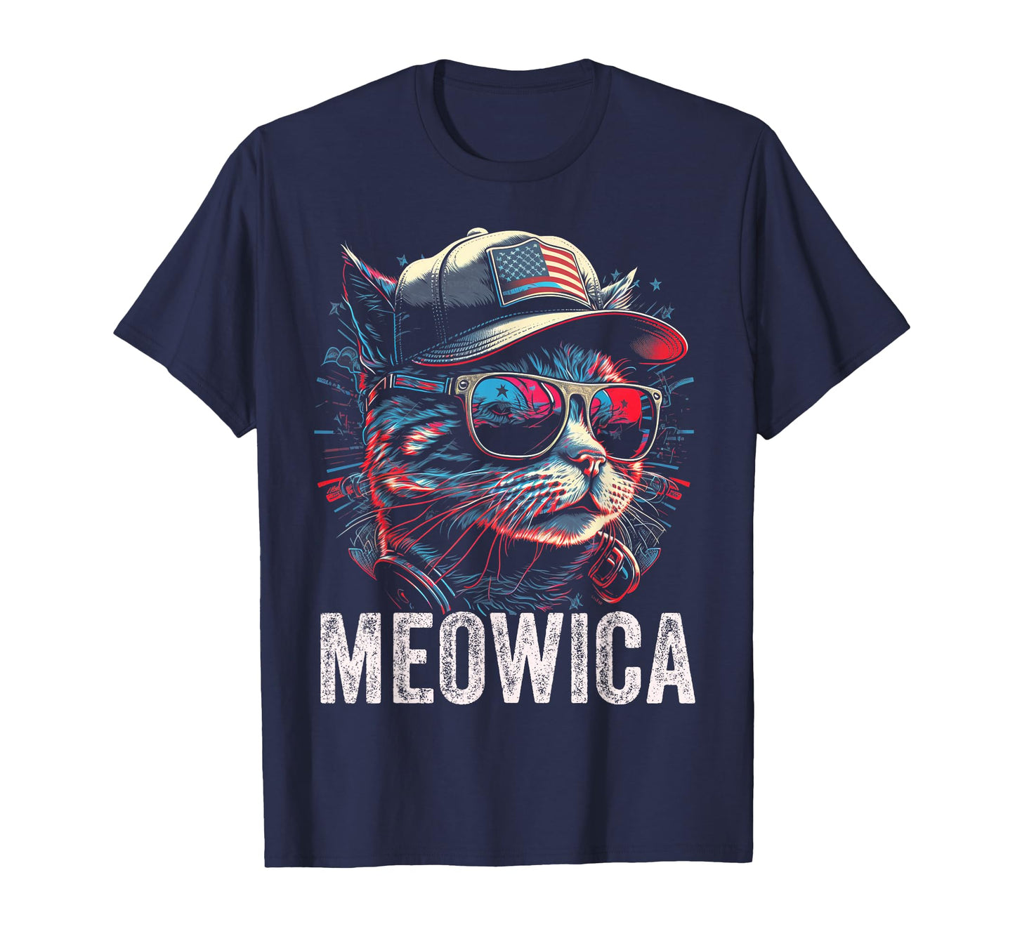 Meowica 4th of July Cat American Flag America USA Funny T-Shirt