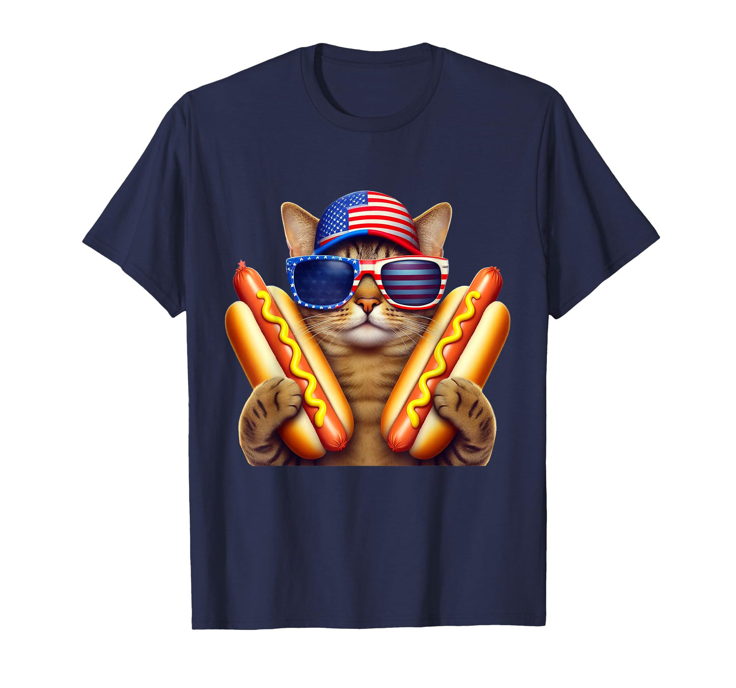 4th of July Hotdog Cat Funny Patriotic Cat USA Flag Wiener T-Shirt