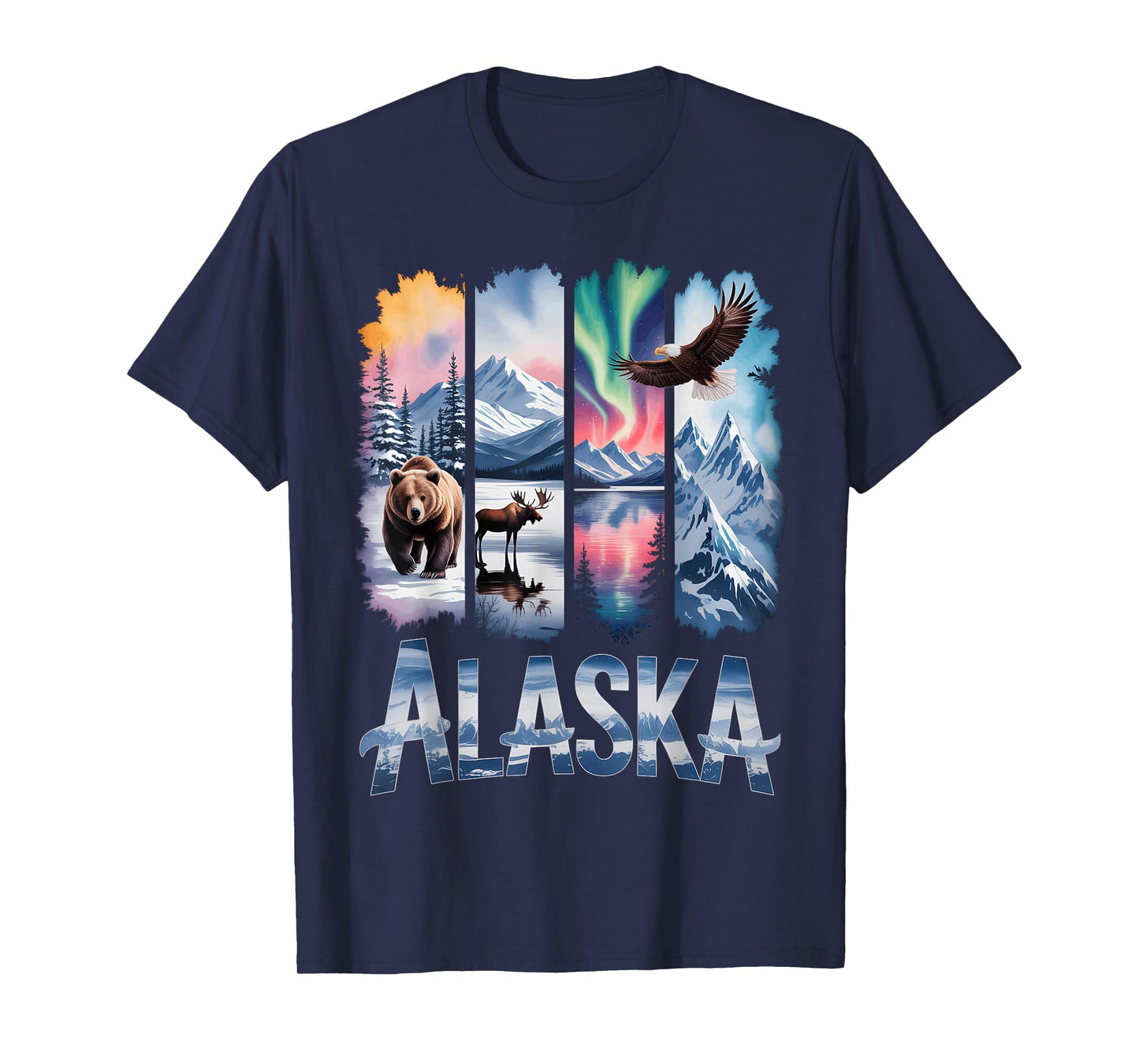 Alaskan Bear Moose Eagle Lake and Mountain Aurora Borealis T-Shirt