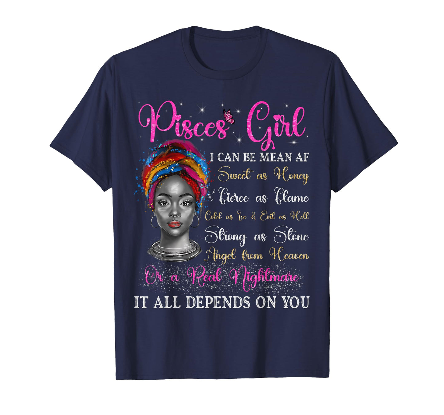 Pisces Girl Black Queen Zodiac Birthday Afro Woman T-Shirt