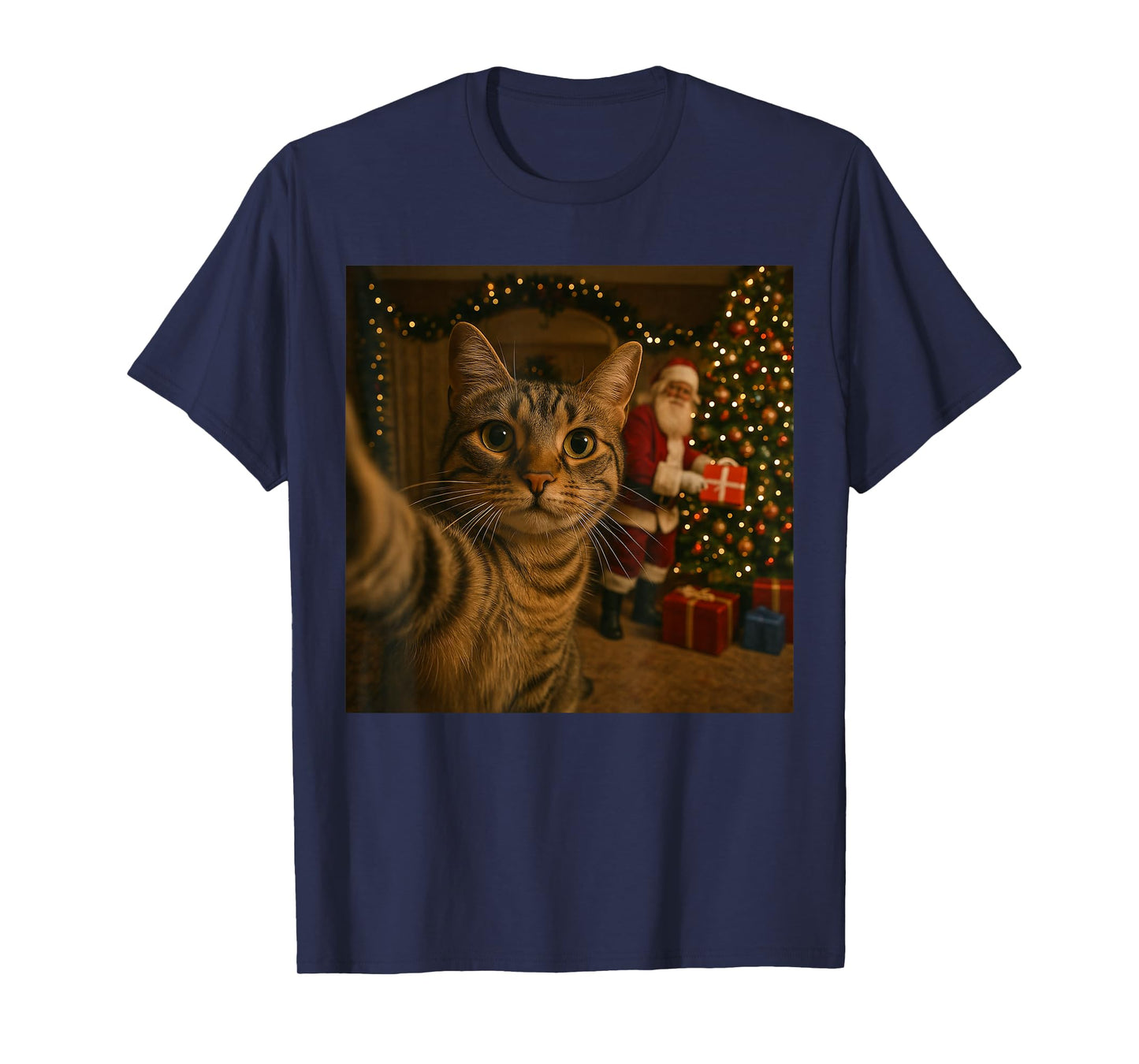 Santa Cat Christmas Tree Shirt, Funny Christmas Cat Selfie T-Shirt