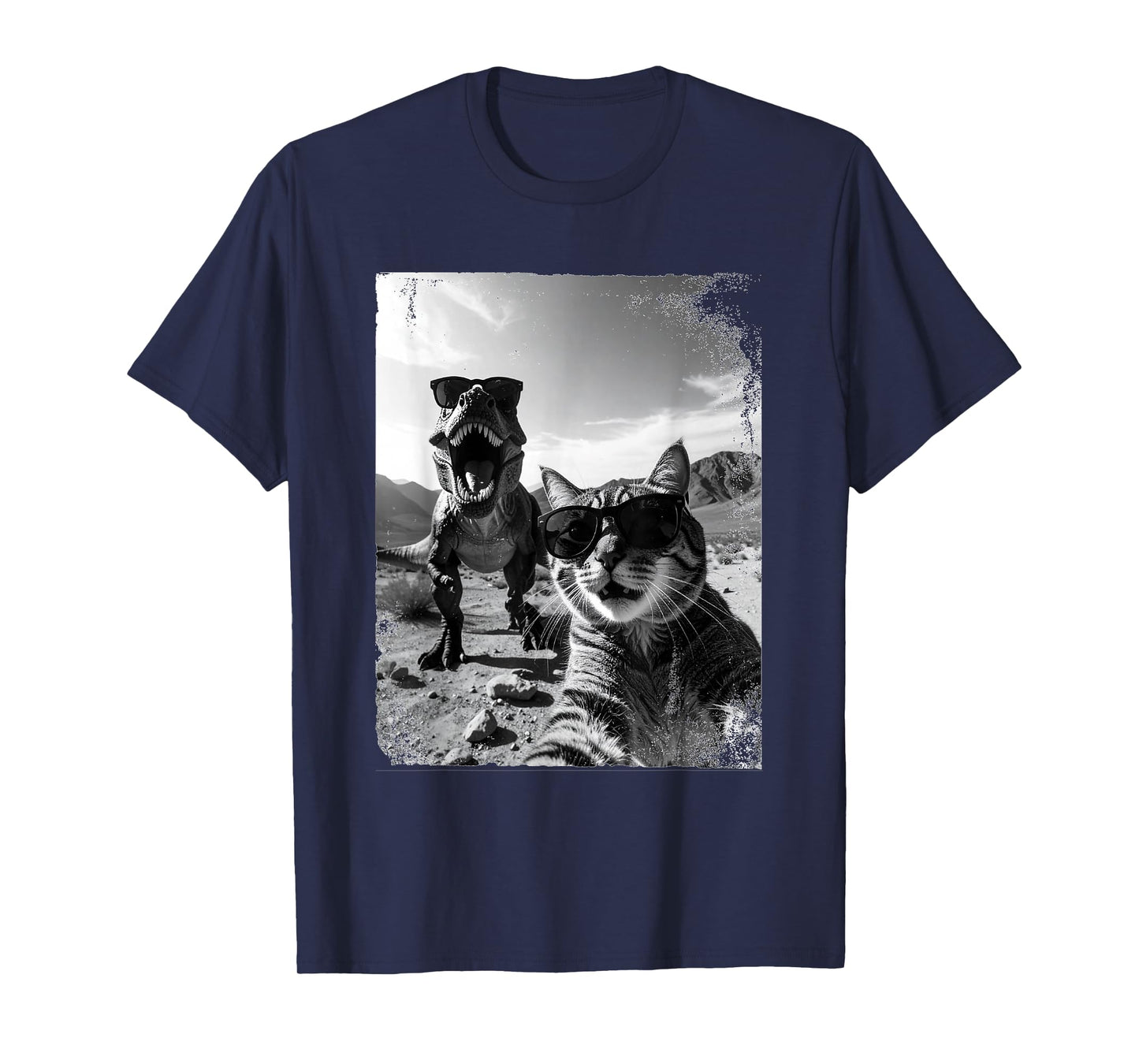 Funny Cat and T-Rex Wearing Sunglasses Selfie Humor T-Shirt
