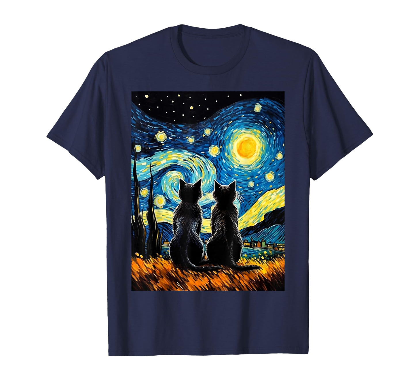 Black Cats Lover Starry Night Vincent Van Gogh T-Shirt