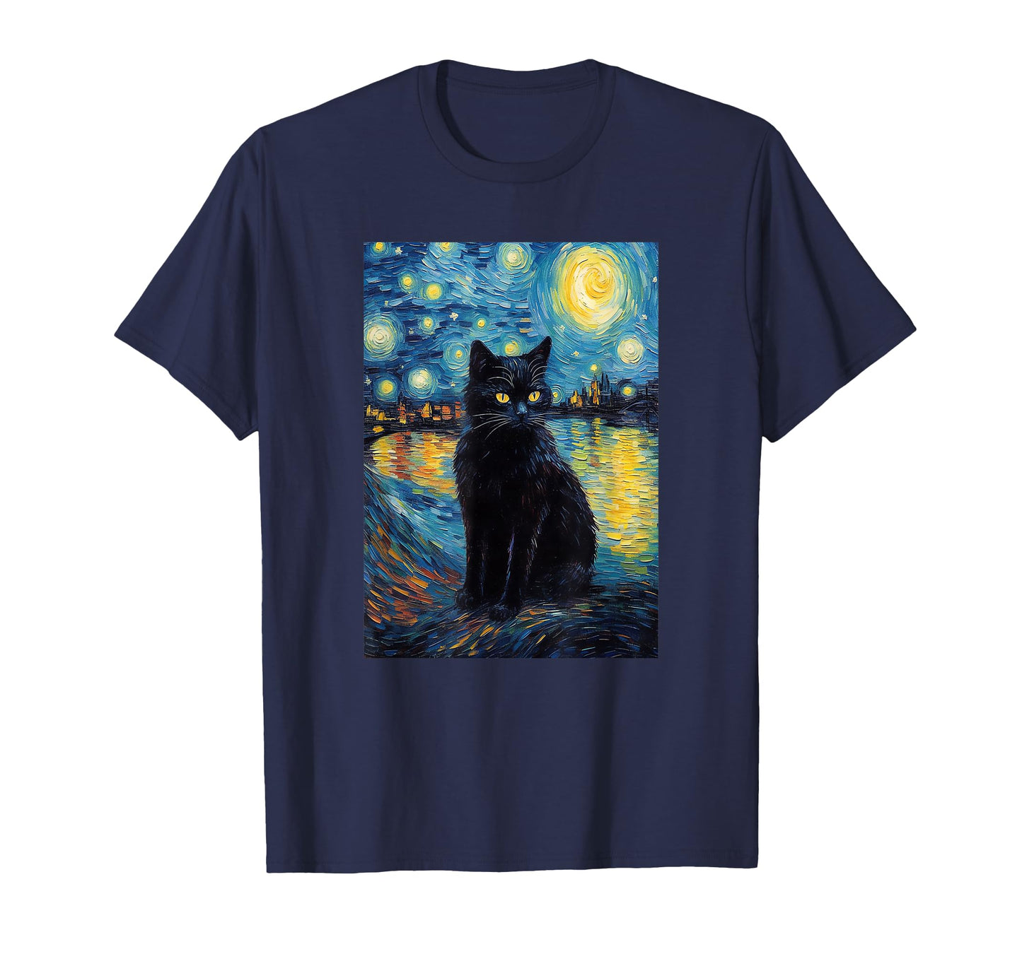 black cat Painting art Starry Night kitty kitten Van Gogh T-Shirt