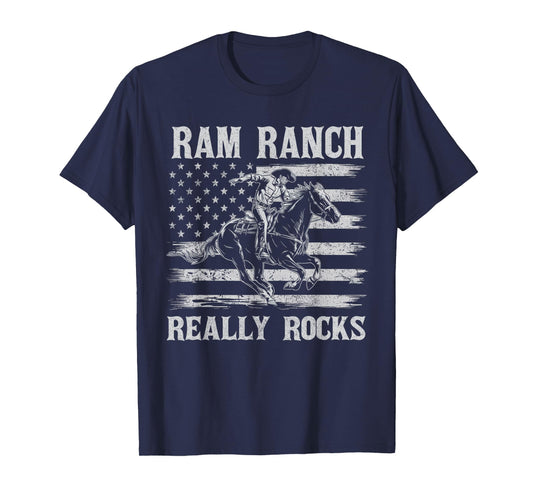 Ram Ranch Really Rocks Cowboy Horseback Vintage USA Flag T-Shirt