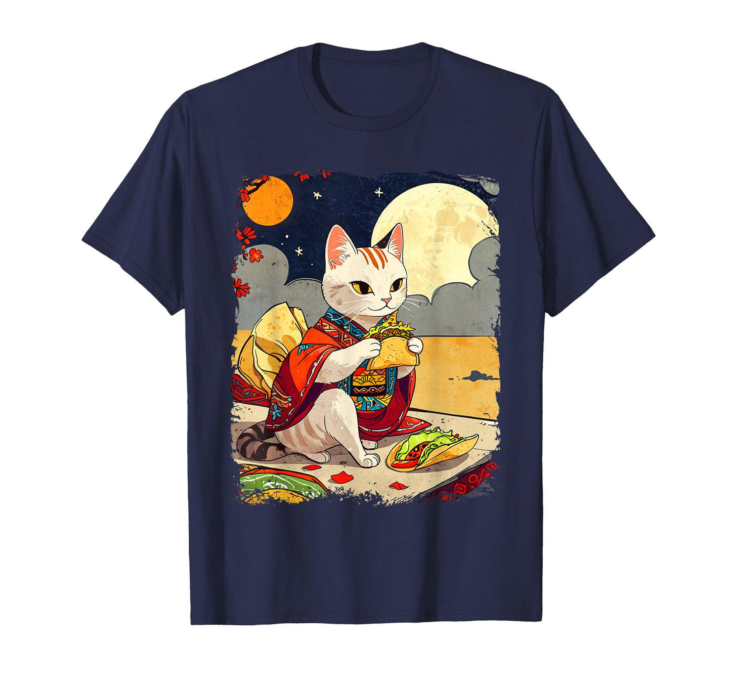 Cat Eating Tacos Funny Taco Cat Ukiyo-e Art Mexican Cat T-Shirt