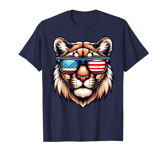 Patriotic USA Mountain Lion American Flag Sunglasses Funny T-Shirt