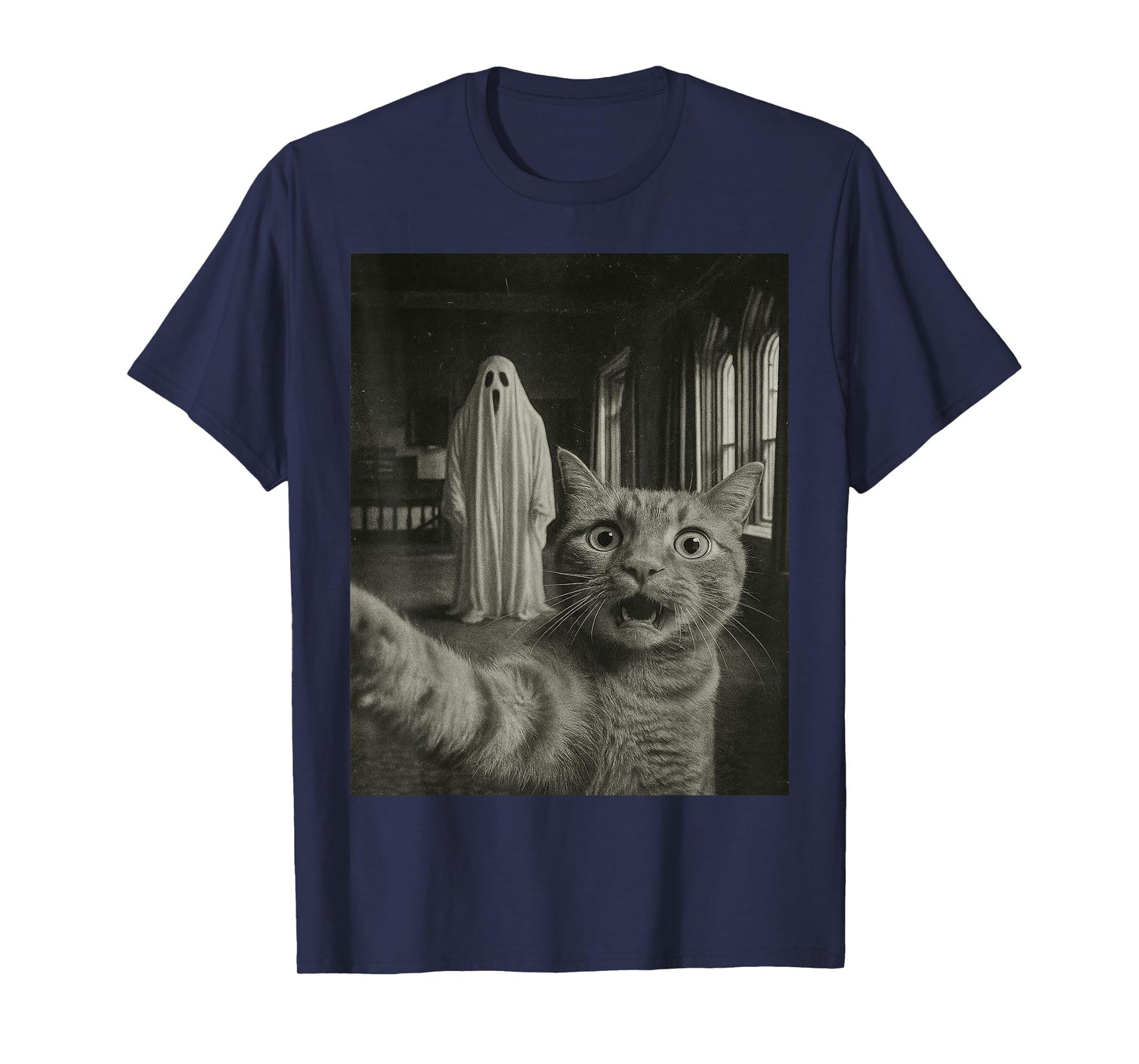 Haunted House Ghost Vintage Photo Funny Tabby Cat Halloween T-Shirt