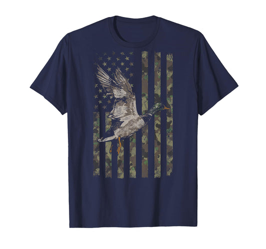 Hunting Duck Camo American Flag (Design on Back) T-Shirt