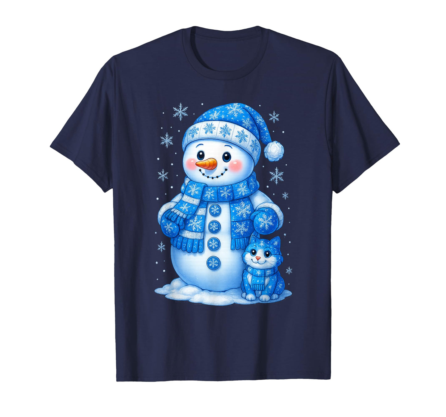 Cute Snowman and Cat Christmas Winter Snowflake Holiday T-Shirt