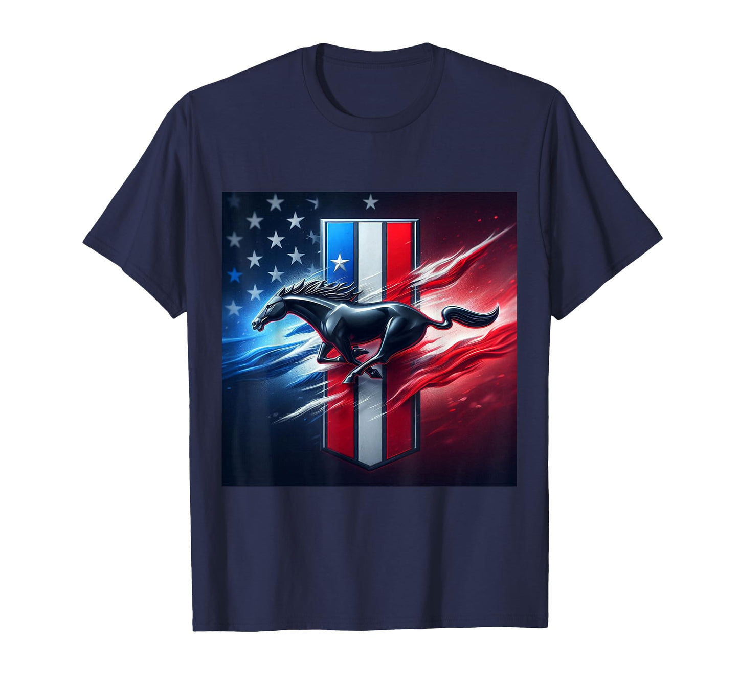 Galloping Mustang on Tri-Bar & Flag Background T-Shirt