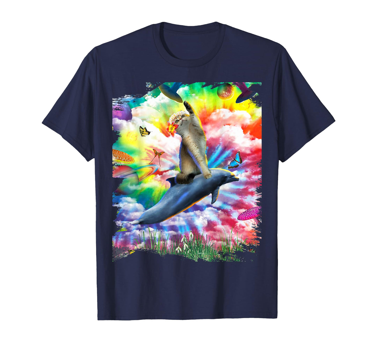 Cat Riding Dolphin Trippy Tie Dye T-Shirt