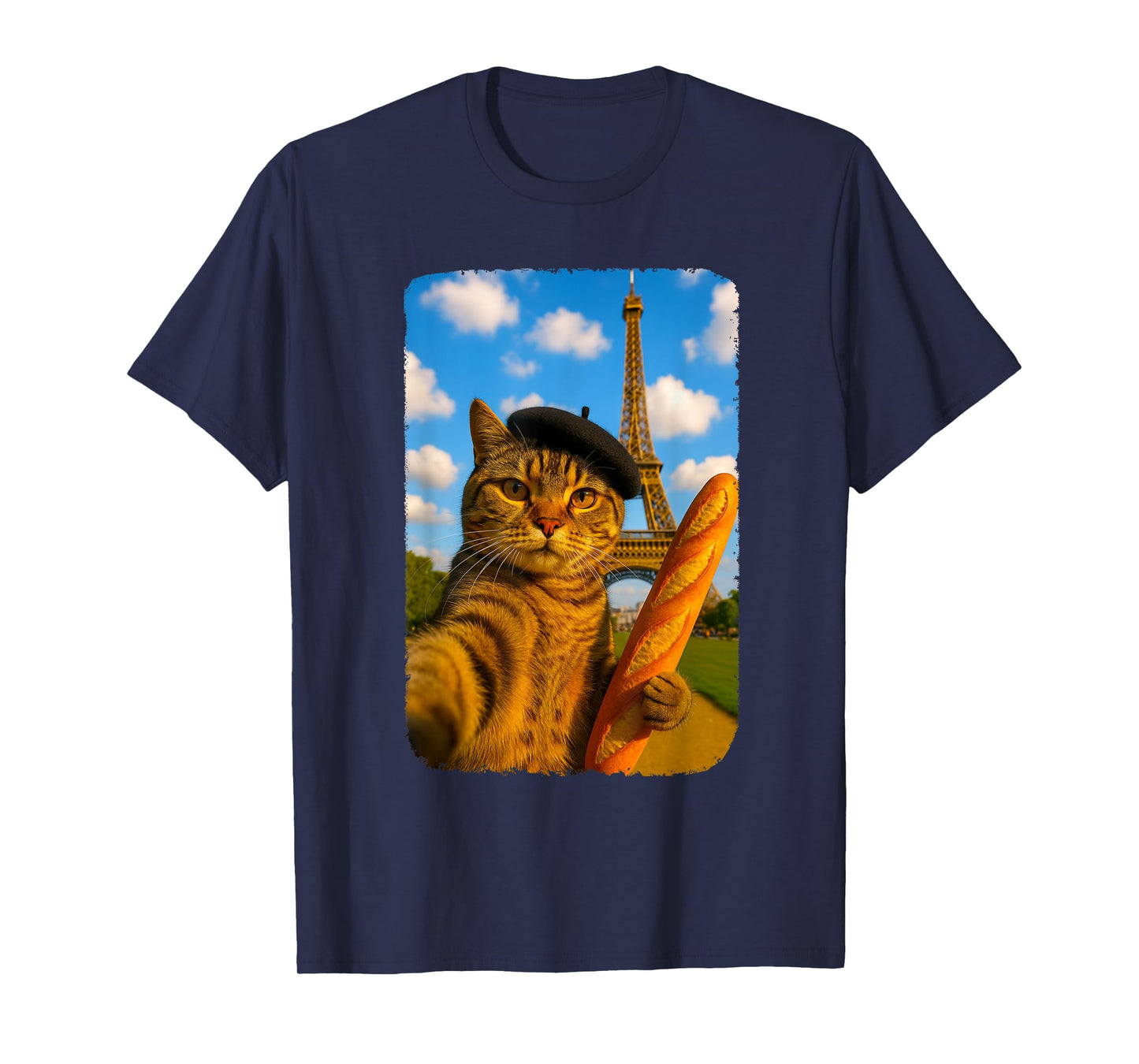 Funny French Cat Selfie with Baguette And Beret Men Women Kids T-Shirt