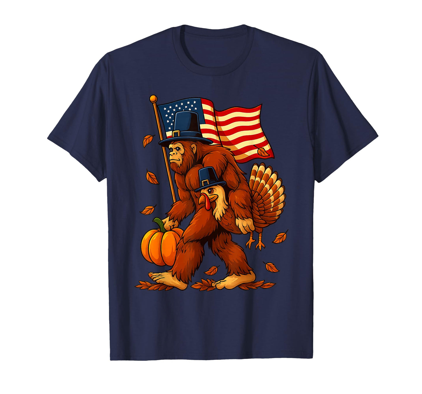 Funny Bigfoot Turkey Thanksgiving American Flag Pumpkin Fall T-Shirt