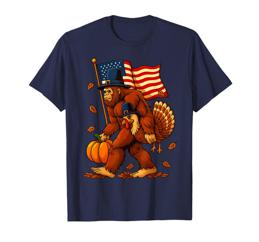 Funny Bigfoot Turkey Thanksgiving American Flag Pumpkin Fall T-Shirt