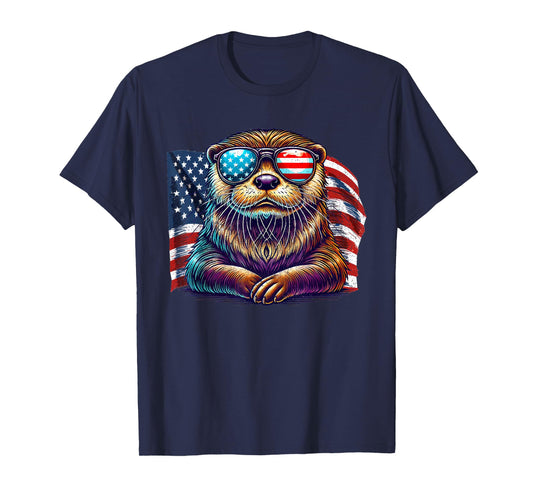 Vintage River Otter Animals USA Flag Patriotic Sunglasses T-Shirt
