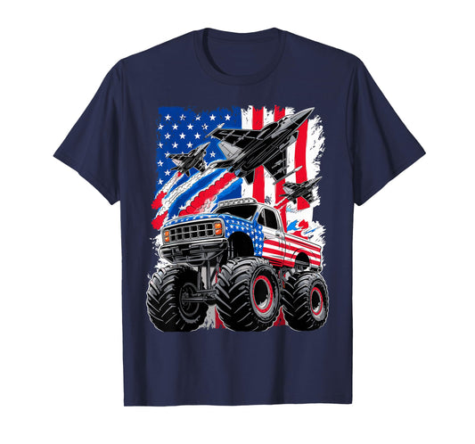 Monster Truck USA Flag Jet Fighter 4th of July T-Shirt