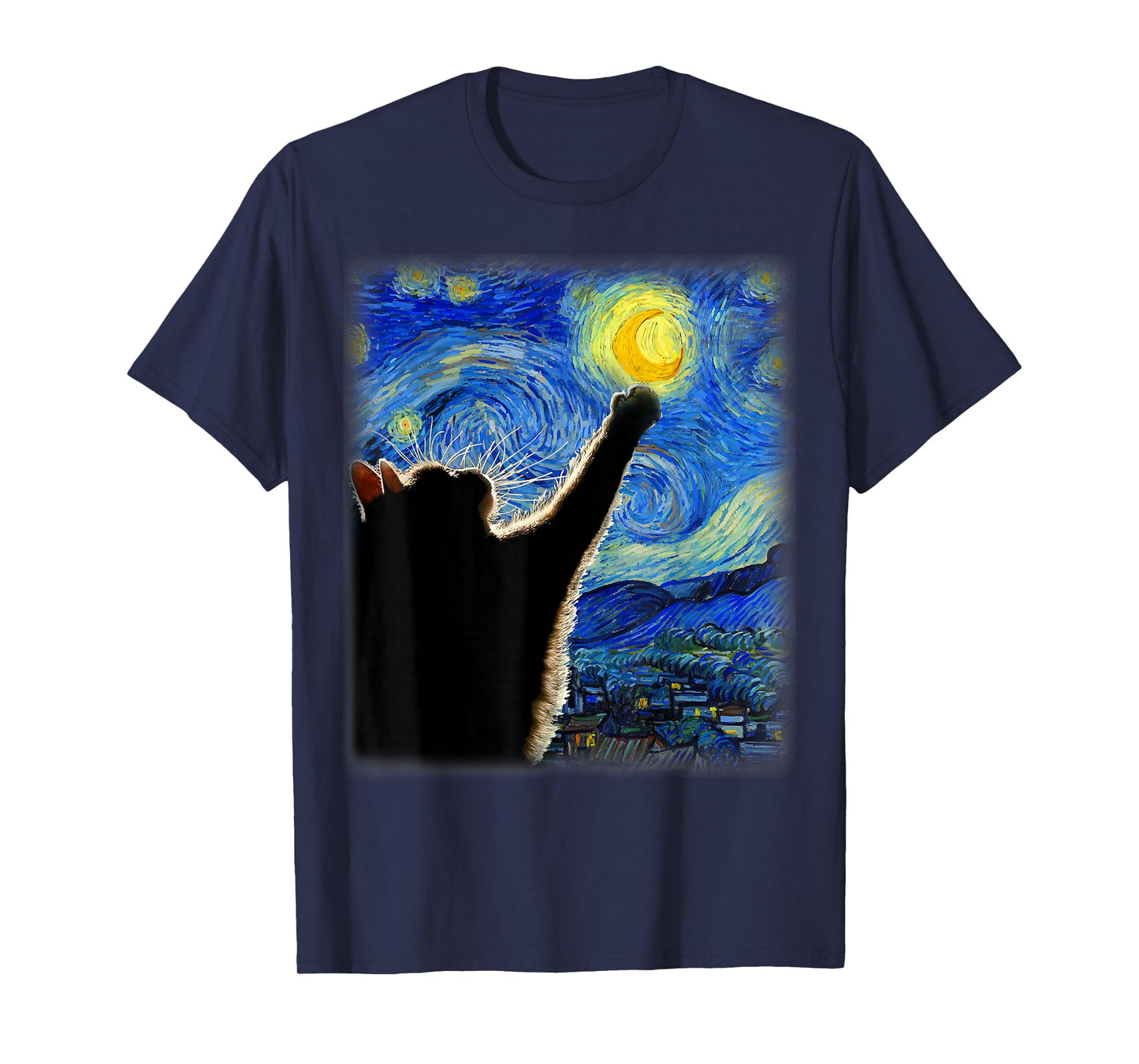 Starry Night Cat, Van Gogh Cat, Cat Lover, Cat Mom, Cat Dad T-Shirt, Black